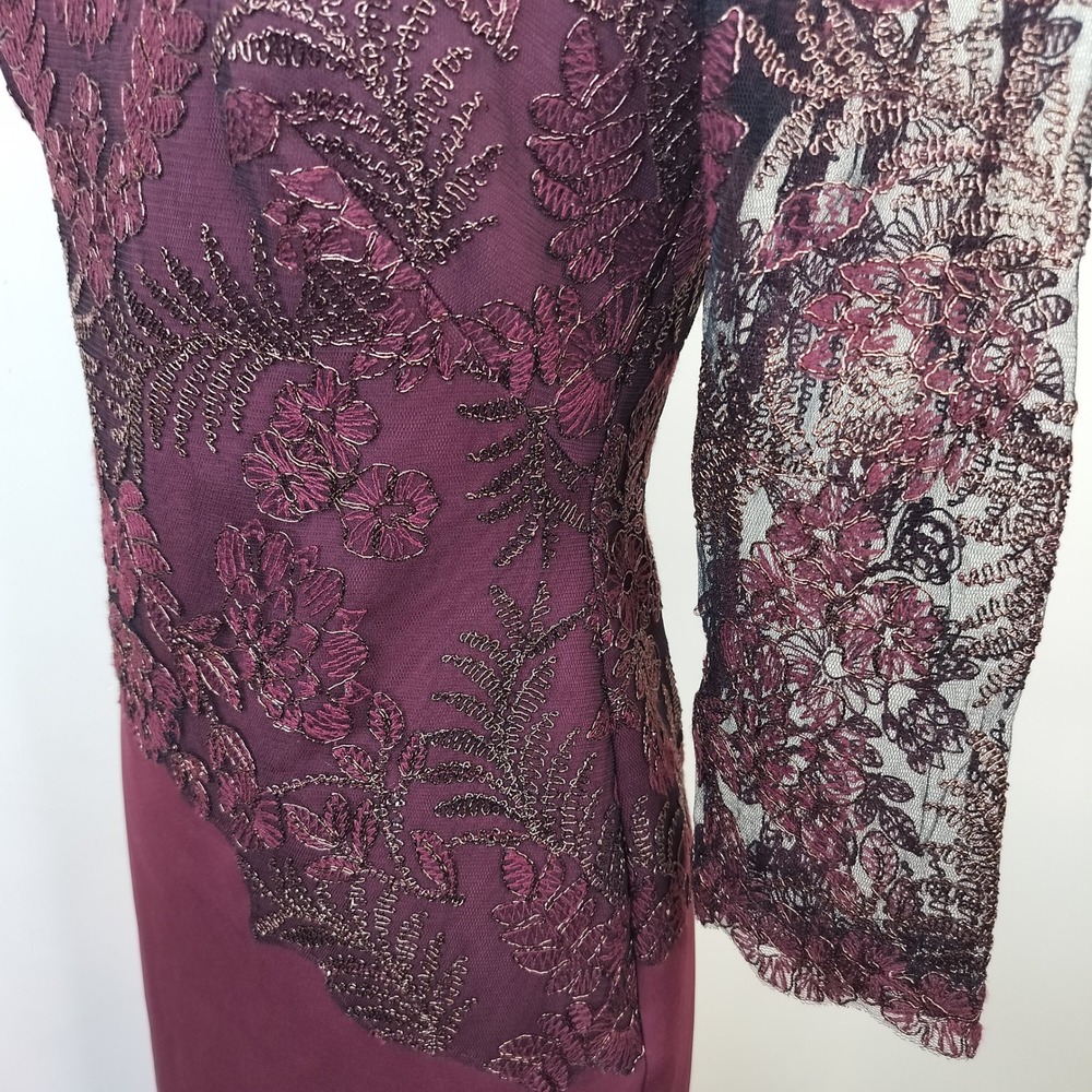 Tadashi Shoji Lace Embroidered Sheath Dress 2 Sheer Overlay Cocktail Raisin - Picture 6 of 14